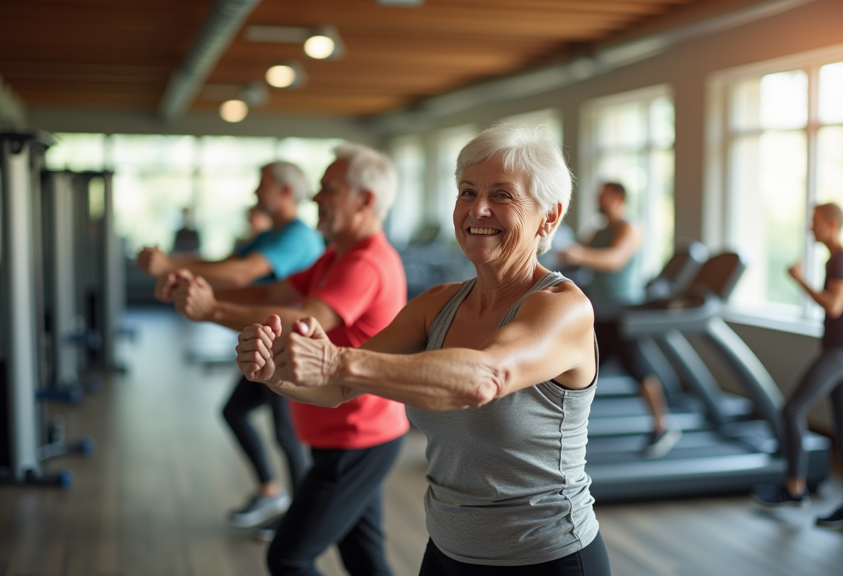 Група людей старшого віку під час фітнес-тренування в сучасному залі
